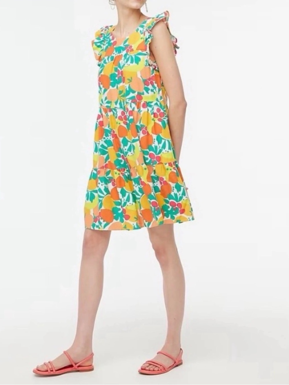 NWT J. Crew Citrus Fruit Print Tiered Linen-Blend Dress | Size 4
